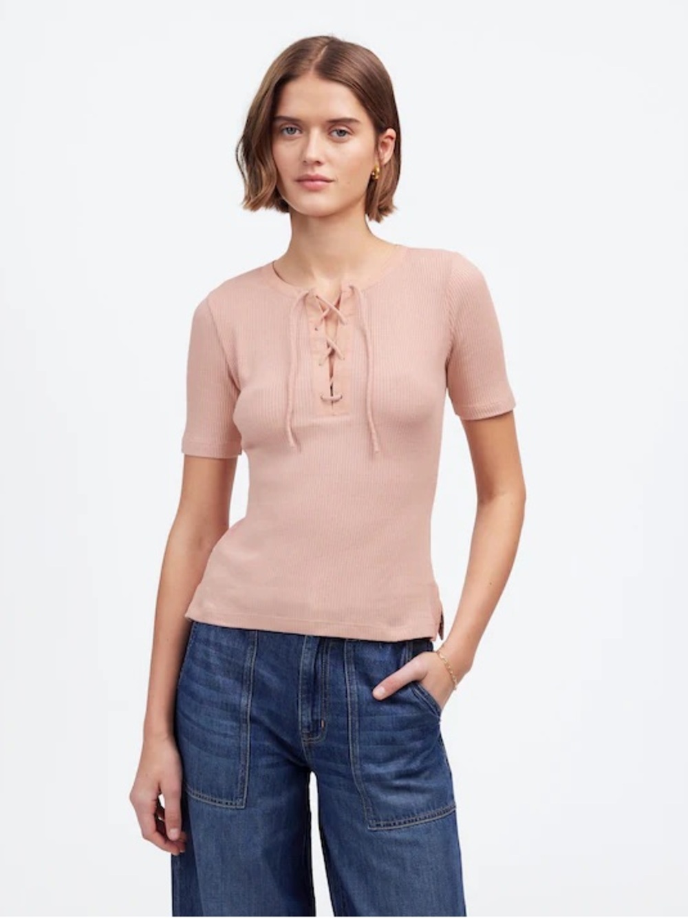 Madewell Ribbed Lace-Up Short-Sleeve Knit Tee